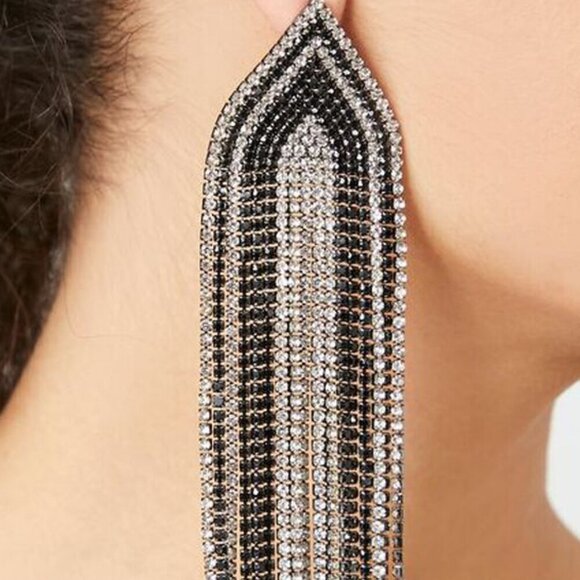 Geo Rhinestone Duster Long Fashion Bling Earrings set - Picture 2 of 2